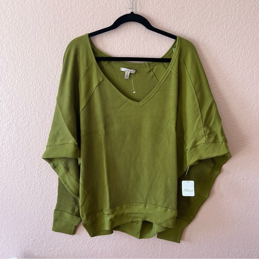 Free People Oversized Sweater Womens Large Green Santa Clara Knit Thermal V Neck